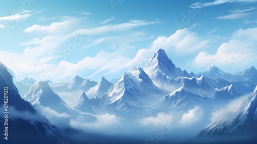 A snow-covered mountain range  peaks disappearing into a tranquil  blurred sky.