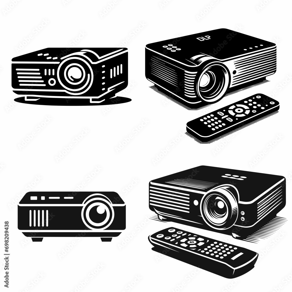 Four black and white icons of movie screen projectors - obrazy, fototapety, plakaty 