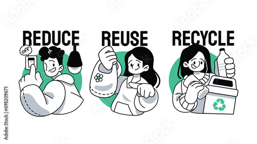Reduce, Reuse, Recycle 3R Concept Symbol with People Vector Illustration
