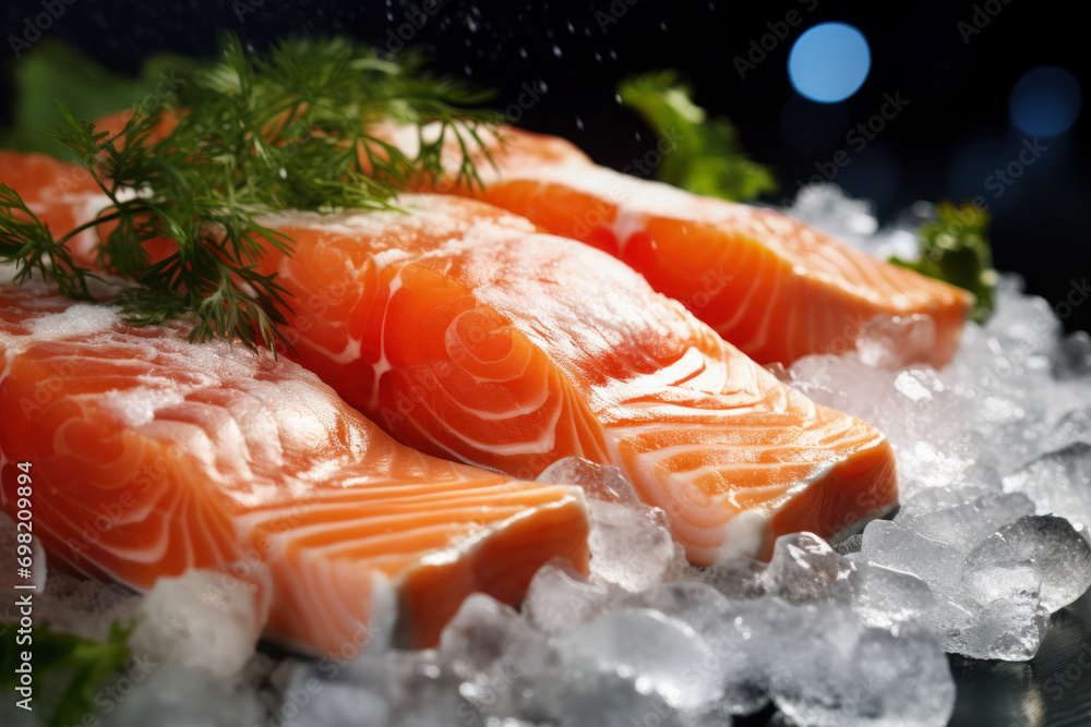 Φωτογραφία Tender fillet of seasoned salmon on ice. Fresh fish in the store.