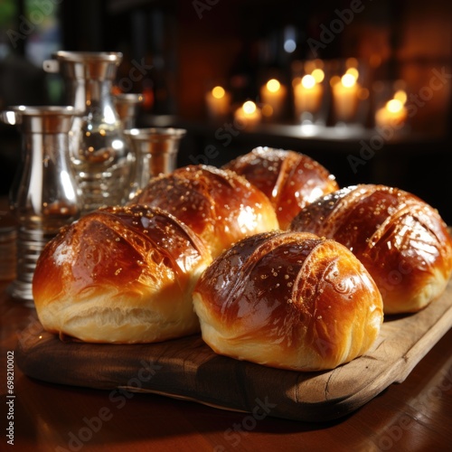 Realistic Image of Fresh Baked Buns on Table in Tray Generative AI