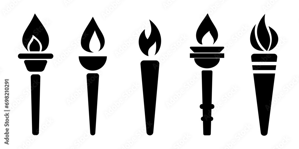 Icons torch with flame logo. Silhouette flaming torch set. Icons torch with flame logo. Silhouette flaming torch set.