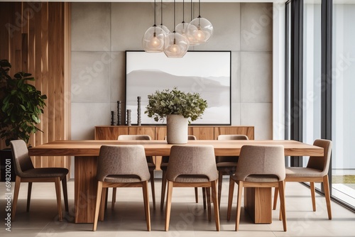 Modern dining room showcasing a stylish dining table and more