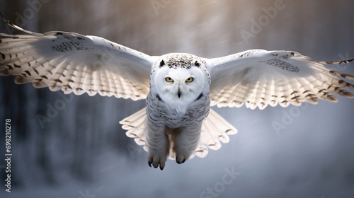 A snowy owl in flight, its wings creating a graceful and blurred silhouette.