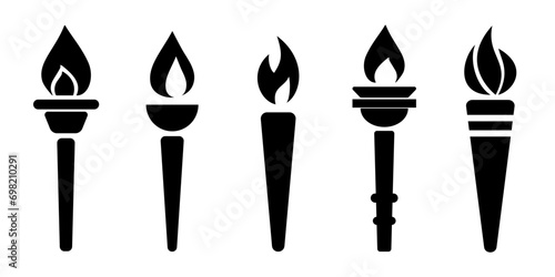 Icons torch with flame logo. Silhouette flaming torch set.
