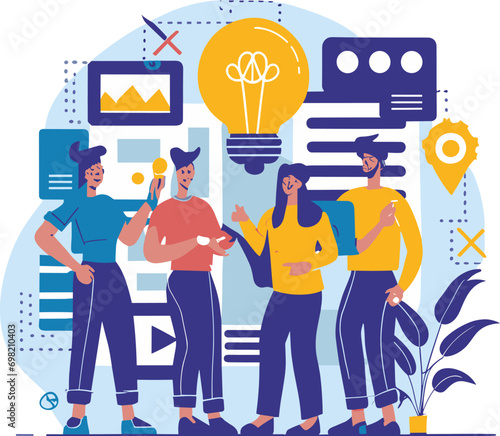 Flat illustration of  a graphic design creative team of professionals collaborating with a smiling face