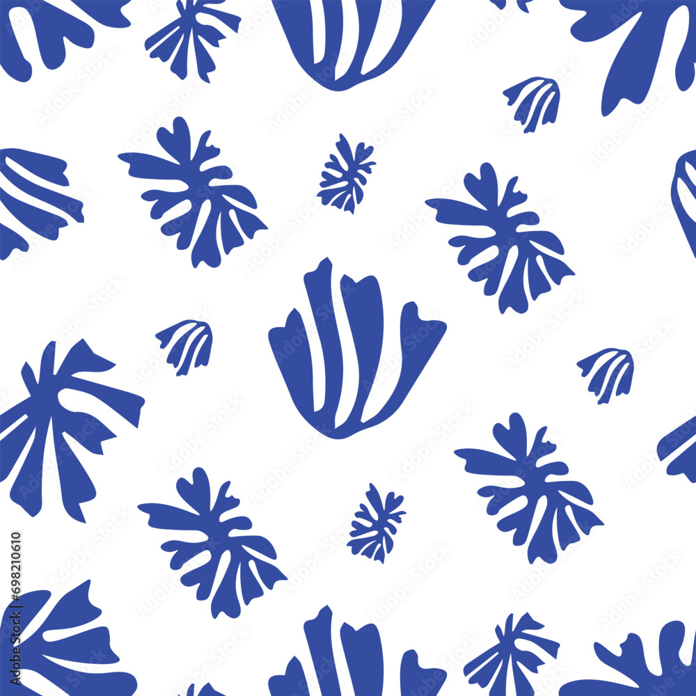 Blue Matisse plants seamless pattern. Minimal abstract floral print for wallpaper, textile, packaging Blue Matisse plants seamless pattern. Minimal abstract floral print for wallpaper, textile, packaging
