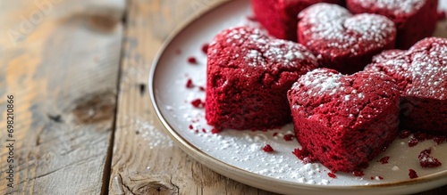 Heart-shaped red velvet cakes on a white plate. photo