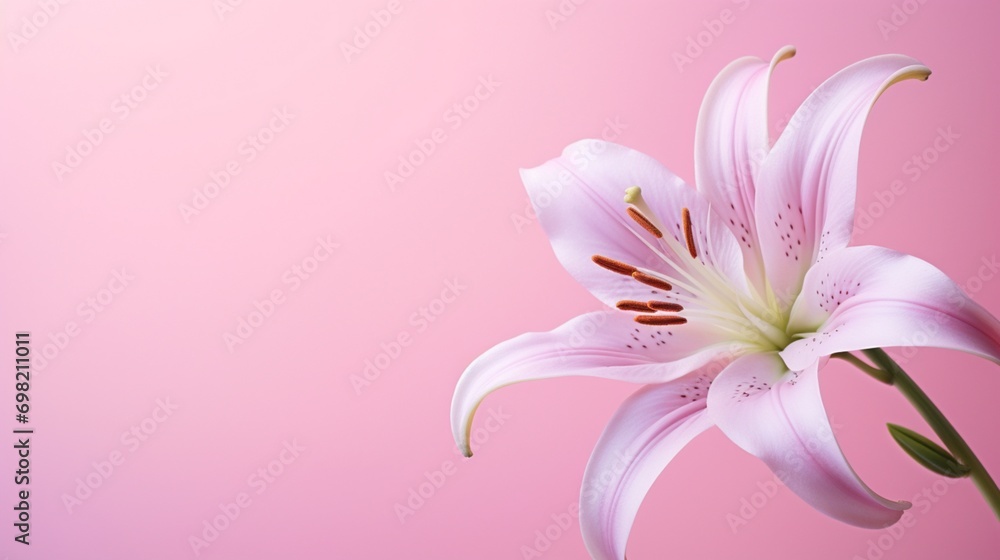 A solitary lily in a gradient of pinks, set against a soft pastel background.