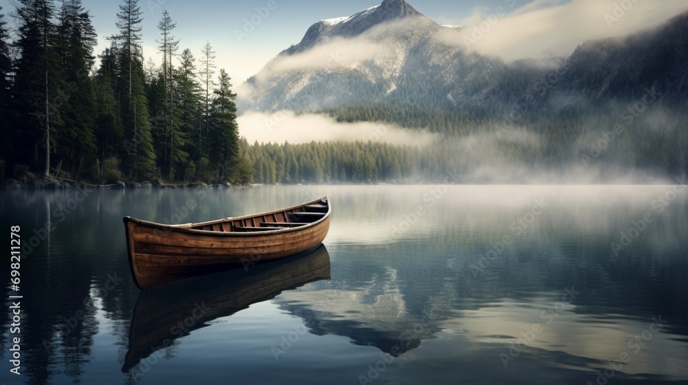 A solitary rowboat anchored in the still waters of a serene mountain lake