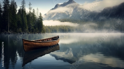 Photographie A solitary rowboat anchored in the still waters of a serene mountain lake