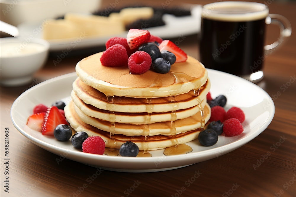 Fluffy Breakfast Pancakes with Sweet Honey and Fresh Berries - A Mouthwatering Morning Delight Fluffy Breakfast Pancakes with Sweet Honey and Fresh Berries - A Mouthwatering Morning Delight