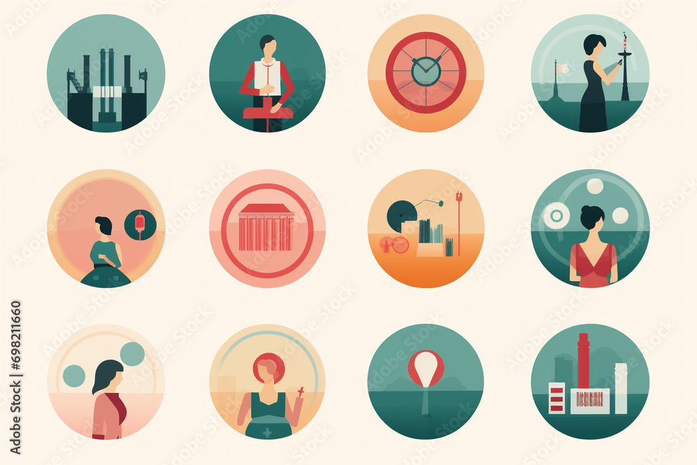 Flat Design Icons Representing Women's Achievements and Contributions, International Women's Day