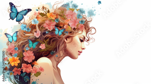 Artistic Illustration of Blooming Flowers and Butterflies, Women's Day, Cards