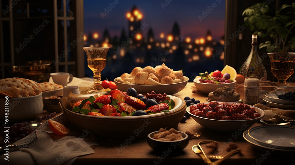 Warm and Inviting Scene of a Ramadan Iftar Table with Traditional Foods, Ramadan