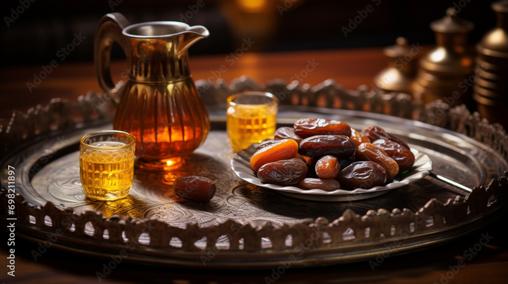 Traditional Arabic Coffee and Dates Arranged on a Beautiful Tray, Ramadan Traditional Arabic Coffee and Dates Arranged on a Beautiful Tray, Ramadan