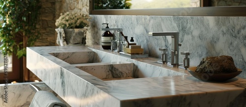 Elegant bathroom with a lovely faucet and marble sink photo