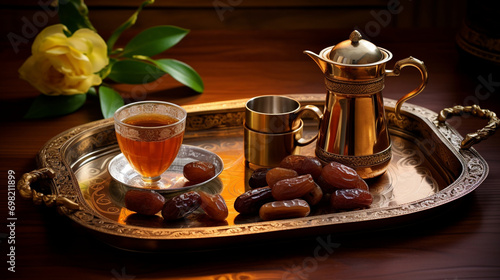 Traditional Arabic Coffee and Dates Arranged on a Beautiful Tray, Ramadan