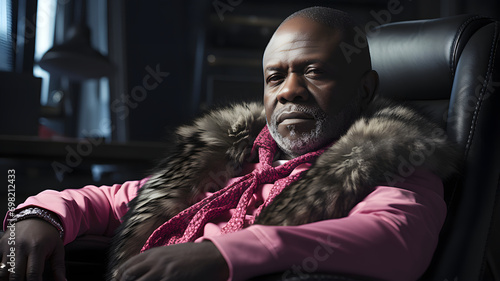 Mature male afro american face mafia boss portrait, male leader of gangster business, criminal businessman in a in a fur coat. A strange sorcerer or tribal leader, guru shaman.