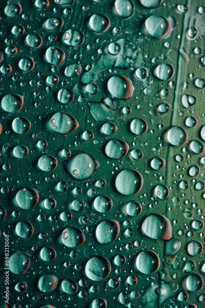 A close-up of water droplets on a green surface, showcasing the intricate beauty of natural patterns A close-up of water droplets on a green surface, showcasing the intricate beauty of natural patterns