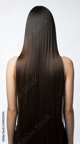 Back view of woman with Long straight hair. Isolated on white background