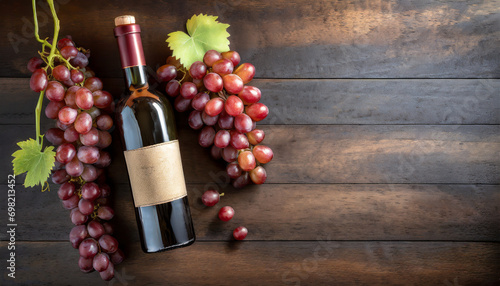 red wine bottle and grapes on dark wooden table