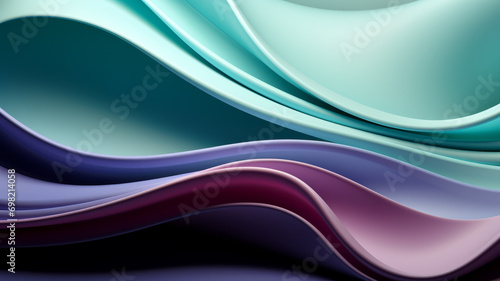 Abstract geometric background with flowing lines and waves. Modern green and purple shiny wavy lines on black background
