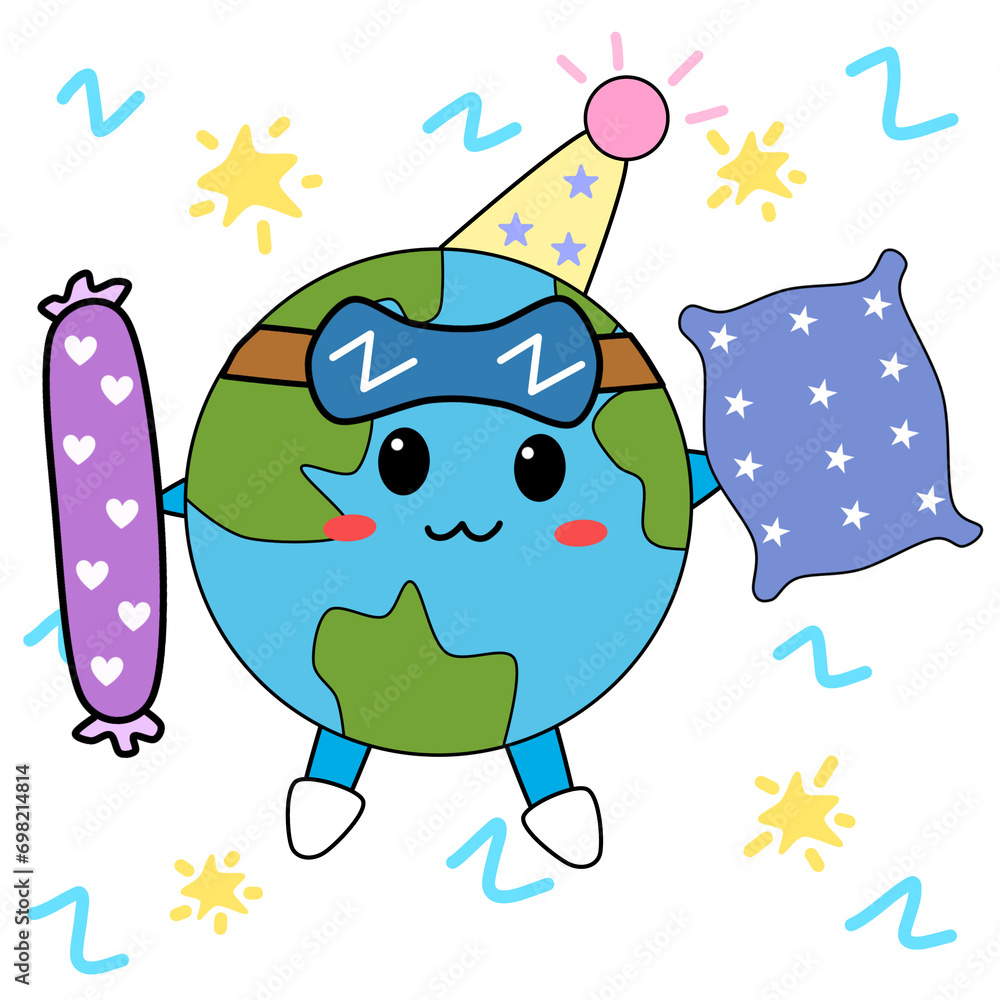 Naklejka premium Illustration design concept world sleep day cute earth Hold a pillow and bolster and put on your goggles to get ready to sleep.