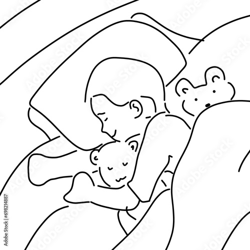 A child sleeps with a pillow on the bed and hugs a doll. illustration design outline