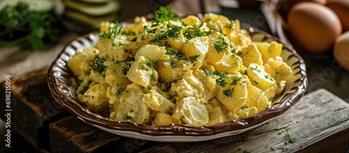 Yellow potato salad made with homemade eggs and pickles.