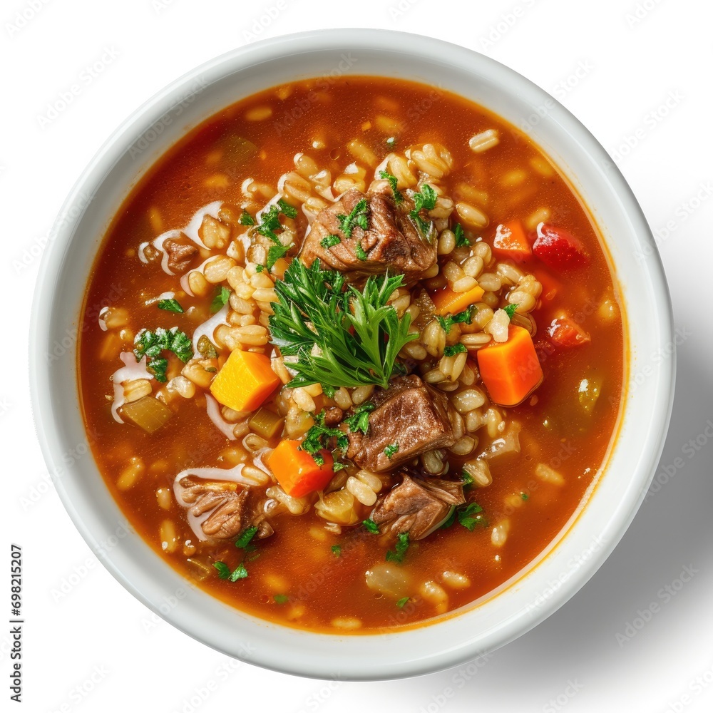Beef Barley Soup, a delicious dish , isolated in white background Beef Barley Soup, a delicious dish , isolated in white background