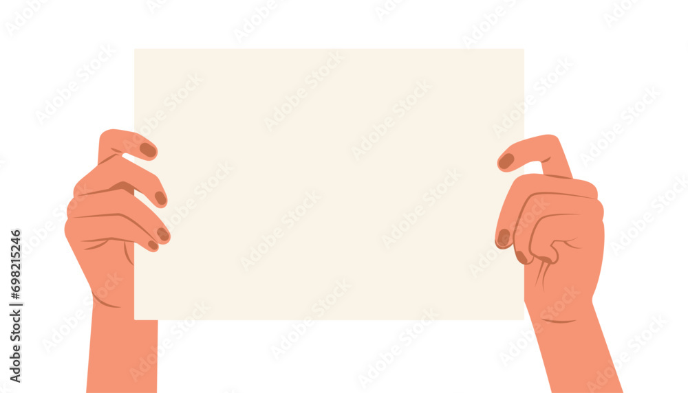 Hands holding a blank horizontal poster for a strike and product advertising display. Set of templates banners signs posters on poles with sticks in hands. Flat style. Vector illustration. Hands holding a blank horizontal poster for a strike and product advertising display. Set of templates banners signs posters on poles with sticks in hands. Flat style. Vector illustration.