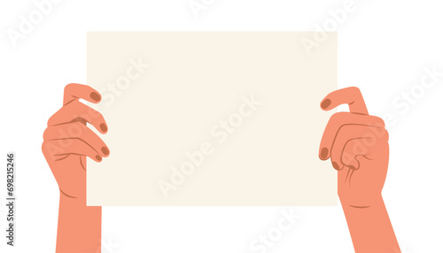 Hands holding a blank horizontal poster for a strike and product advertising display. Set of templates banners signs posters on poles with sticks in hands. Flat style. Vector illustration.