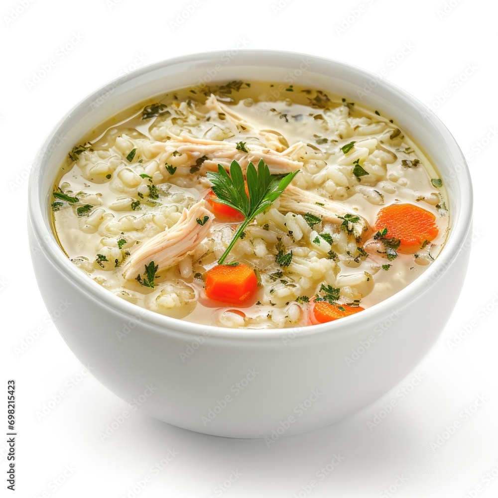 Chicken and Rice Soup, a delicious dish , isolated in white background