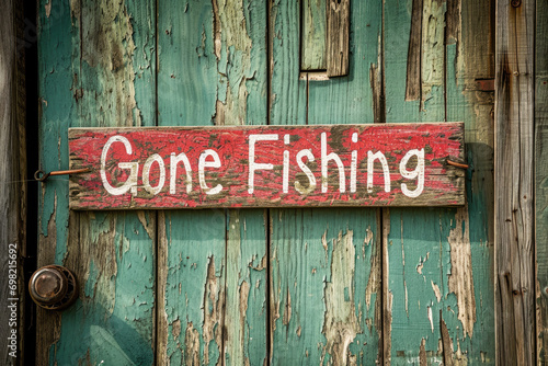 Rustic Gone Fishing Sign on Weathered Wood Against a Green Wooden Door Background