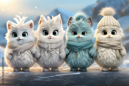 Plush fur cats monster for little kids. Front view of soft animal toy mascot.