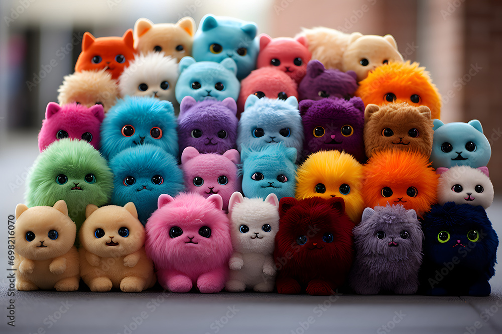 Obraz premium Plush fur cats monster for little kids. Front view of soft animal toy mascot.