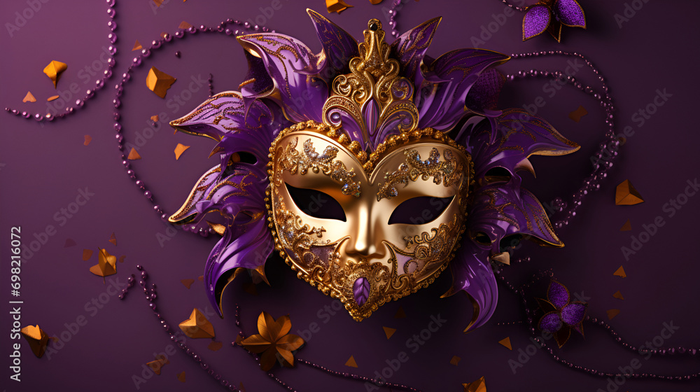 Golden mask with beads on a purple background, Mardi Gras