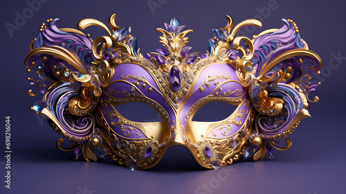 Carnival mask in gold set against a purple background, Mardi Gras