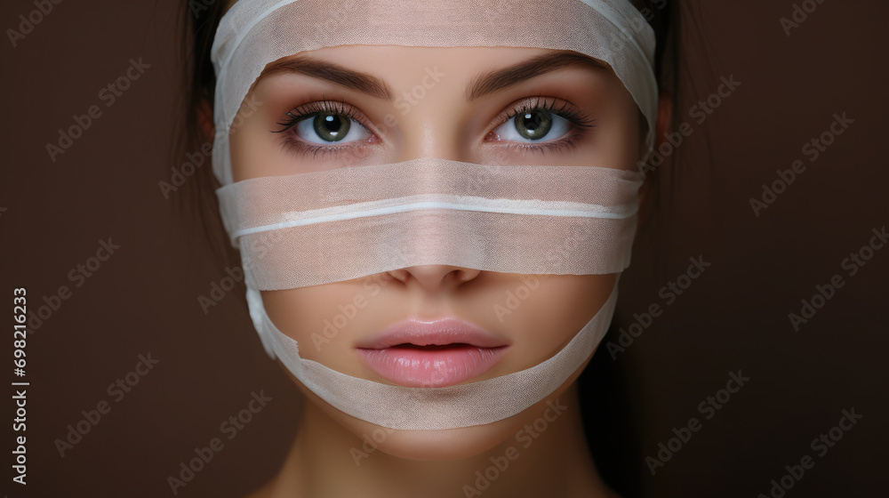 face of a young woman in bandages after plastic surgery, portrait of a beautiful girl, model, medicine, treatment, wound, recovery, skin, health, hospital, illness, studio, photo, black background - obrazy, fototapety, plakaty 