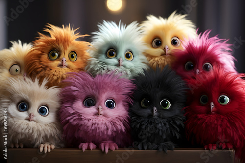 Plush fur birds monster for little kids. Front view of soft animal toy mascot.