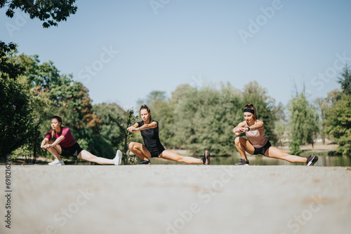 Athletic females enjoy a sunny day in a park, stretching and warming up for outdoor sports activities, embracing a healthy lifestyle and staying fit together.