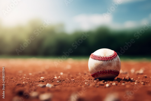 A close up of Ball of baseball on the fresh green grass lawn of the playing field, Baseball Stadium, cinematic, blurred background with copy space