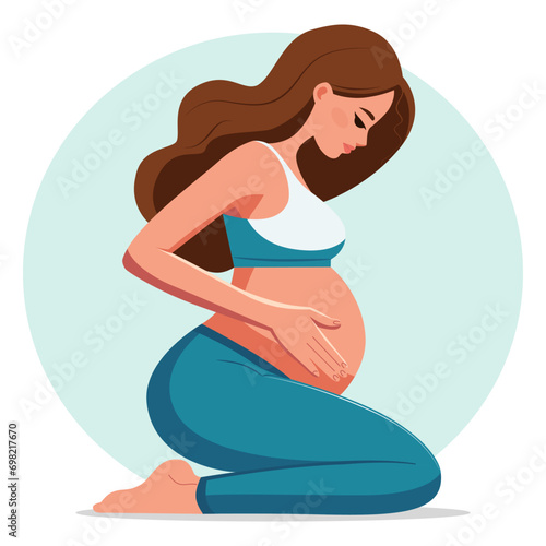 A girl is expecting a baby. Female character sitting on her knees and stroking her belly. Holiday concept for Mother's and Child's Day. Health and medicine. Can be used for web design, advertising.