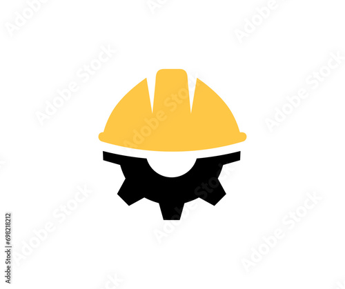 Construction helmet on the gear icon. Construction, labor and engineering symbol. Helmet construction gear vector design and illustration.
