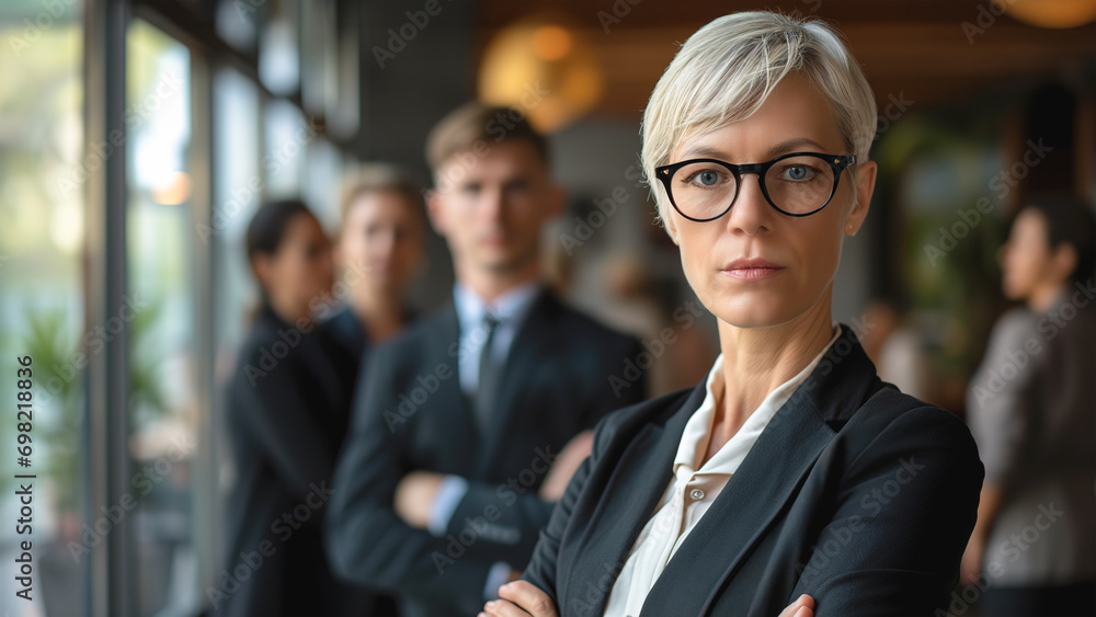 Portrait of 50s experienced senior management executive businesswoman standing in modern office with colleague in the background. Business and corporate leadership and teamwork concept. Portrait of 50s experienced senior management executive businesswoman standing in modern office with colleague in the background. Business and corporate leadership and teamwork concept.