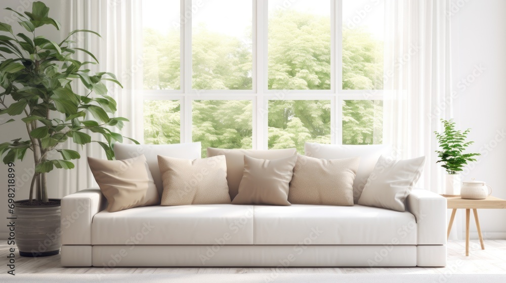 Living room interior with white sofa and green plant Living room interior with white sofa and green plant