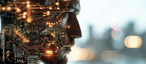Digital transformation disrupts every industry through technology and the concept of artificial intelligence, as depicted in a double exposure of a male face and a circuit board.