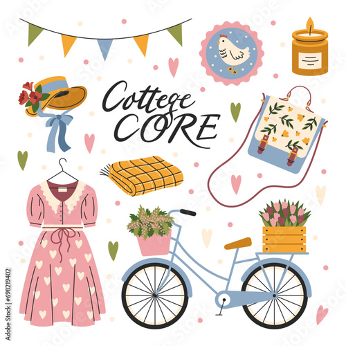 A set of cute cottage core style elements. Rural girl aesthetics. Flowers, retro clothes, vintage dresses. Vector, flat, cartoon illustration