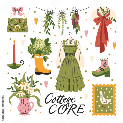 A set of cute cottage core style elements. Rural girl aesthetics. Flowers, retro clothes, vintage dresses. Vector, flat, cartoon illustration photo